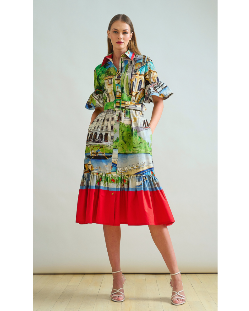 SHIRT DRESS, NO WAIST WITH RUFFLES: PRINTED LAKE COMO