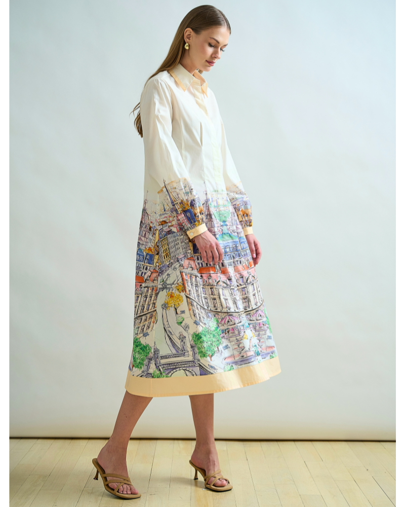 PRINTED BUTTON-DOWN SHIRT DRESS: PARIS