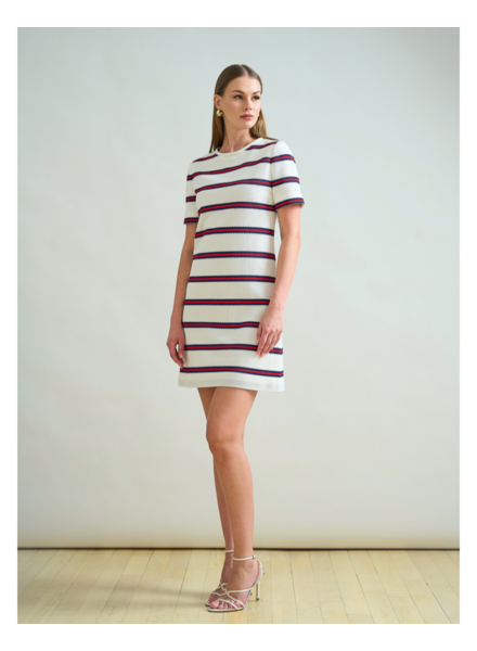 JERSEY SHORT SHIFT DRESS: IVORY  WITH NAVY AND RED VERTICAL STRIPES