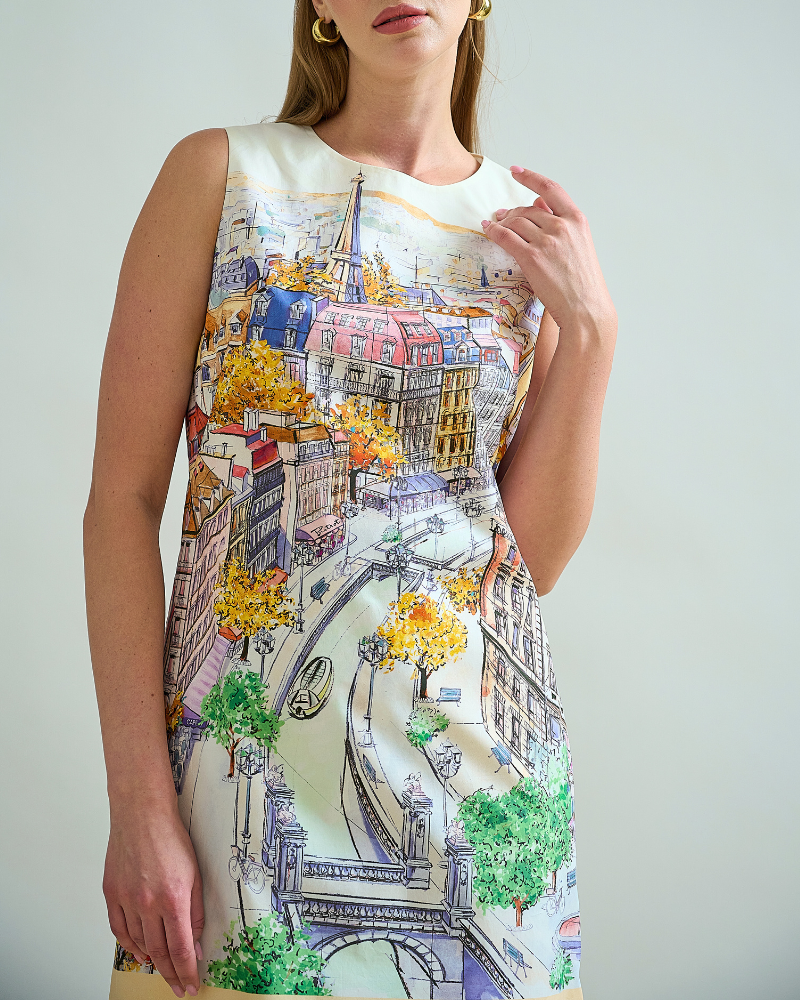 COTTON PRINTED SLEEVELESS DRESS: PARIS