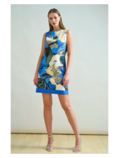 COTTON PRINTED SLEEVELESS DRESS: BERGAMO PRINT: BLUE