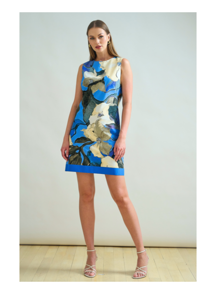 COTTON PRINTED SLEEVELESS DRESS: BERGAMO PRINT: BLUE
