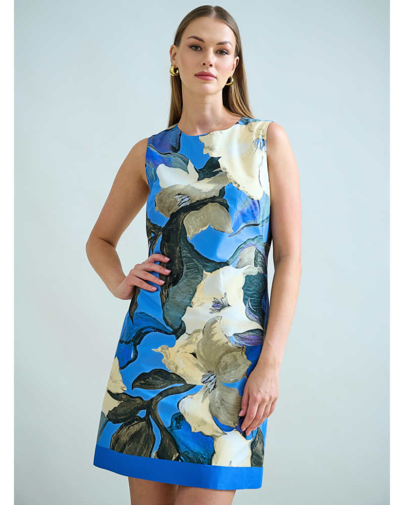 COTTON PRINTED SLEEVELESS DRESS: BERGAMO PRINT: BLUE