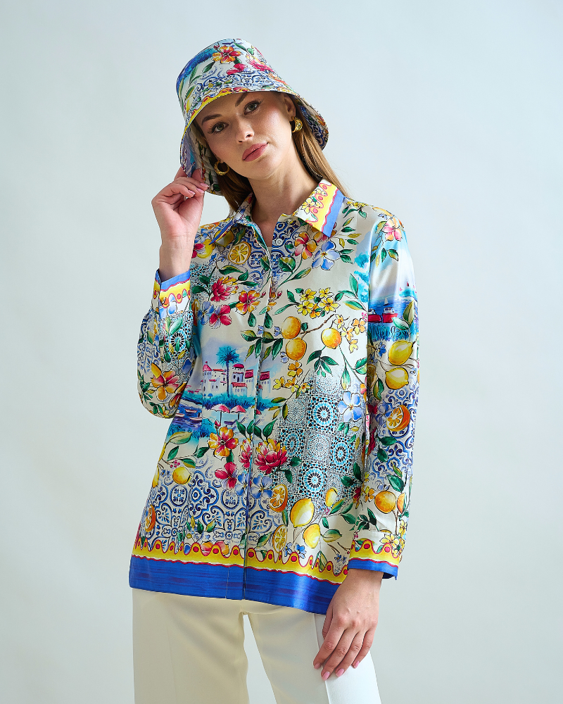 COLLARED COTTON PRINTED SHIRT: CAPRI: BLUE