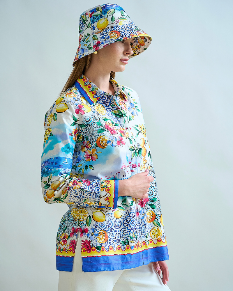 COLLARED COTTON PRINTED SHIRT: CAPRI: BLUE