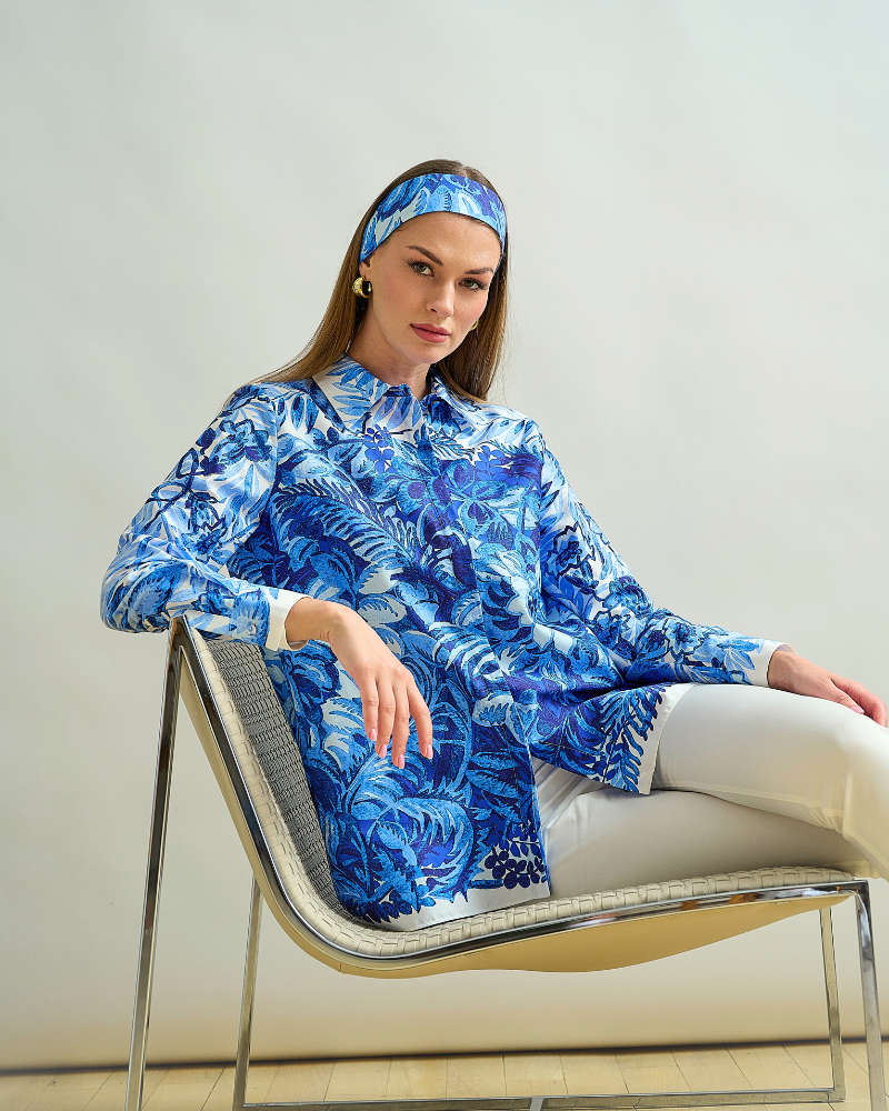 COLLARED COTTON PRINTED SHIRT:CORSICA: BLUE