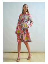SILK SHIRT DRESS WITH BELT PRINT: CORAL: PINK