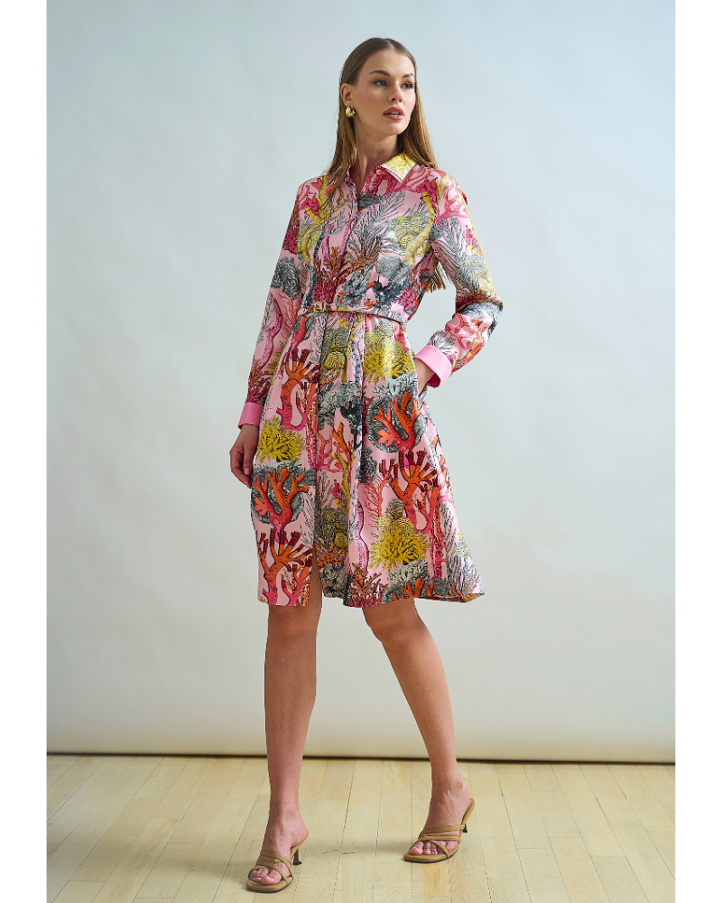 SILK SHIRT DRESS WITH BELT PRINT: CORAL: PINK