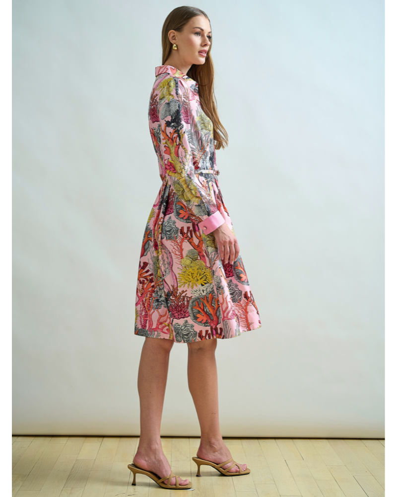 SILK SHIRT DRESS WITH BELT PRINT: CORAL: PINK