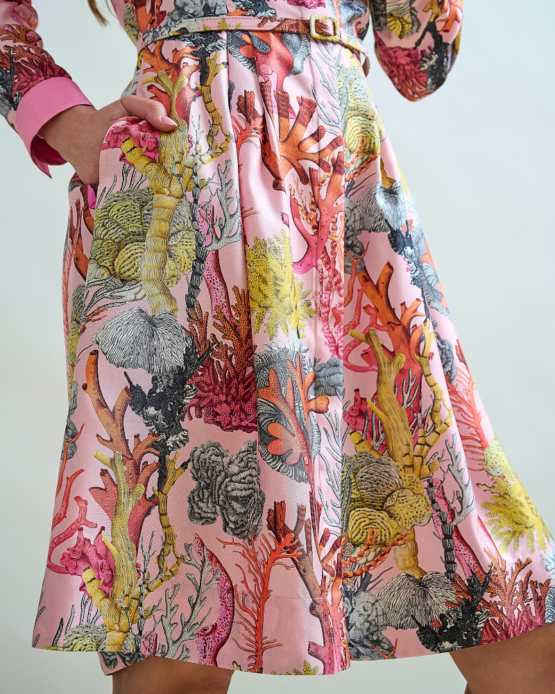 SILK SHIRT DRESS WITH BELT PRINT: CORAL: PINK
