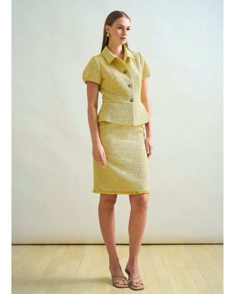 TWEED KNEE LENGTH SKIRT: YELLOW