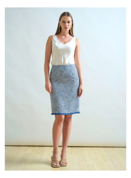 TWEED KNEE LENGTH SKIRT: BLUE DENIM