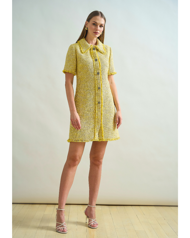 SHORT TWEED DRESS WITH CLASSIC COLLAR AND FRONT BUTTON CLOSURE: YELLOW