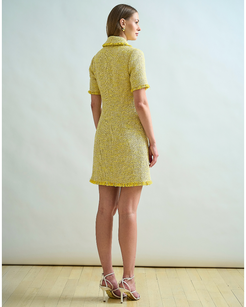 SHORT TWEED DRESS WITH CLASSIC COLLAR AND FRONT BUTTON CLOSURE: YELLOW