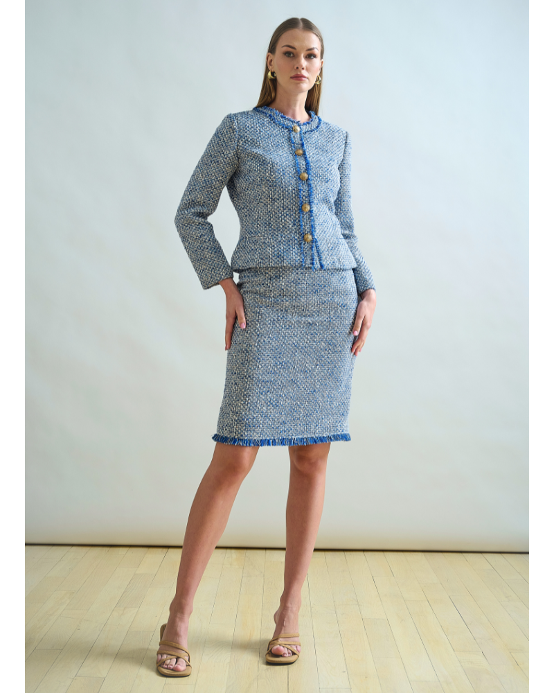 TWEED CREWNECK JACKET WITH LONG SLEEVES AND BUTTONS: DENIM BLUE