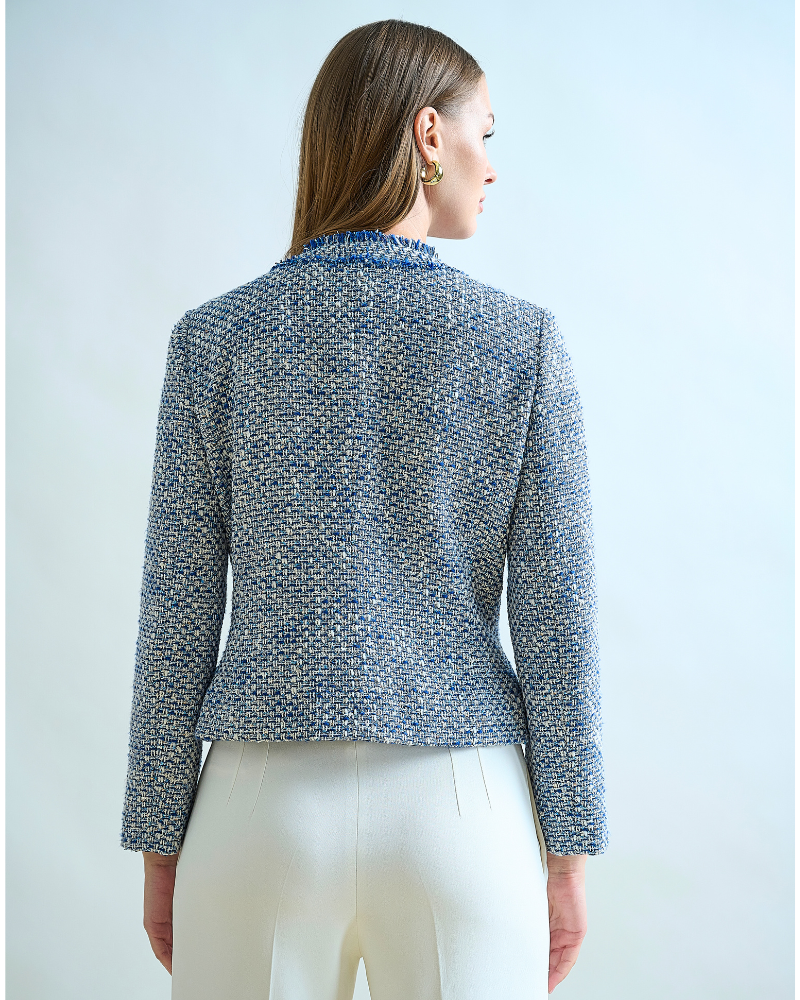 TWEED CREWNECK JACKET WITH LONG SLEEVES AND BUTTONS: DENIM BLUE