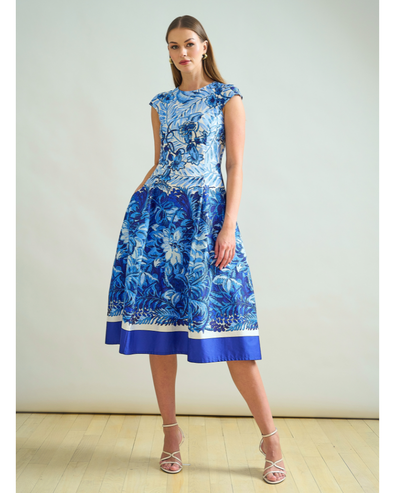 LONG COTTON DRESS WITH CAP SLEEVES: CORSICA: BLUE