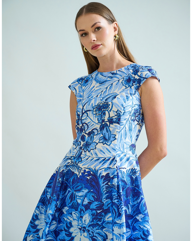 LONG COTTON DRESS WITH CAP SLEEVES: CORSICA: BLUE