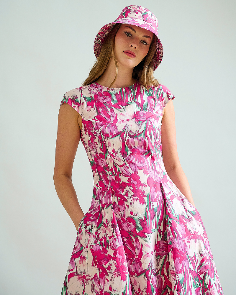 LONG COTTON DRESS WITH CAP SLEEVES: FIORI : PINK