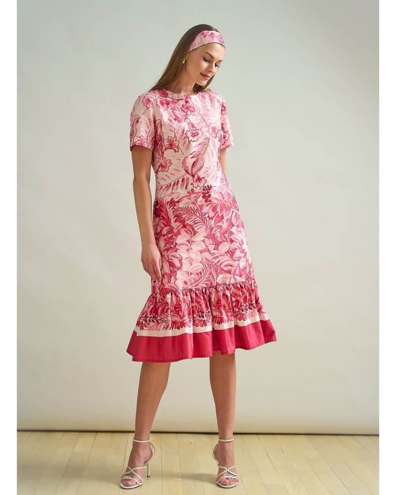 RUFFLED SHIRT DRESS, NO WAIST WITH SHORT SLEEVES: PRINTED CORSICA: PINK