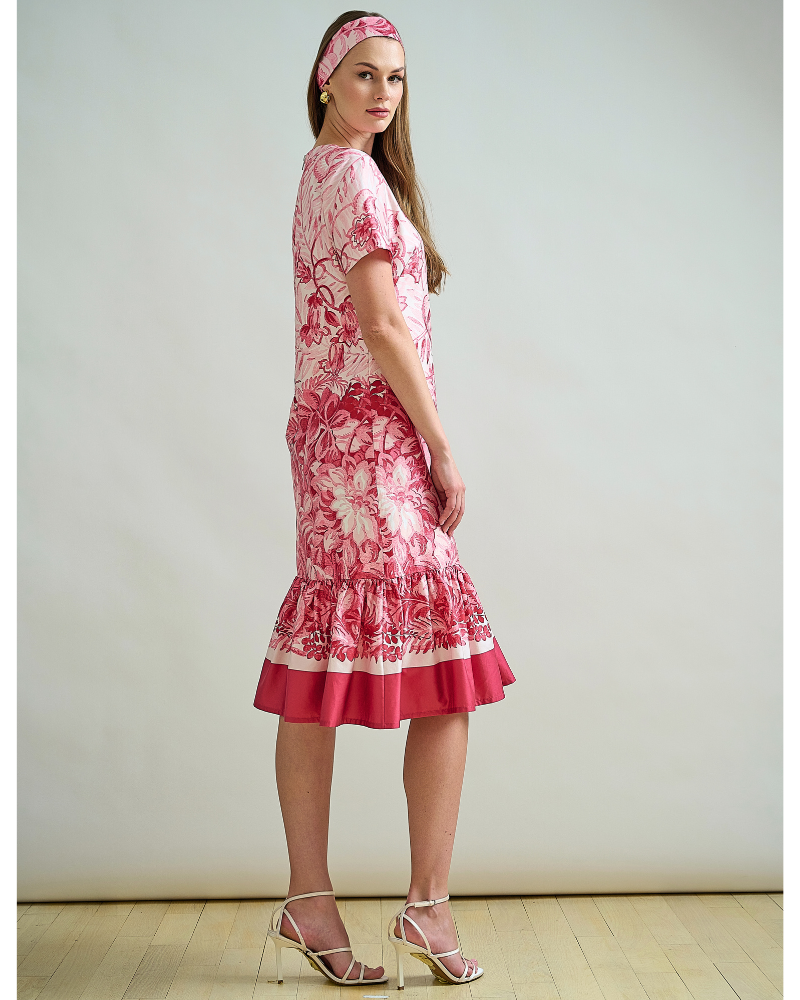 RUFFLED SHIRT DRESS, NO WAIST WITH SHORT SLEEVES: PRINTED CORSICA: PINK