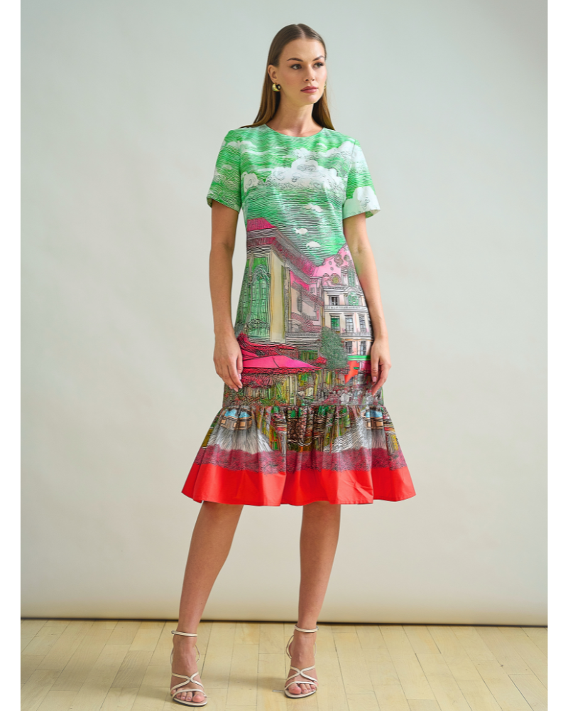 RUFFLED SHIRT DRESS, NO WAIST WITH SHORT SLEEVES: PRINTED FONTANA