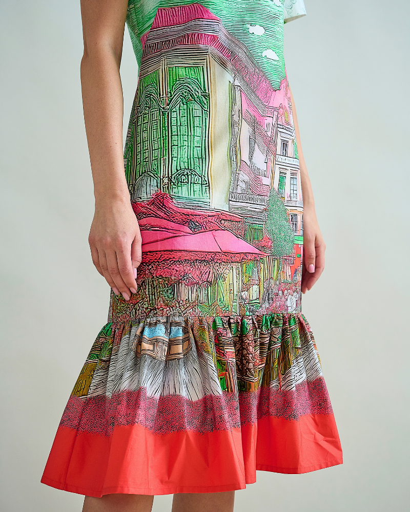 RUFFLED SHIRT DRESS, NO WAIST WITH SHORT SLEEVES: PRINTED FONTANA