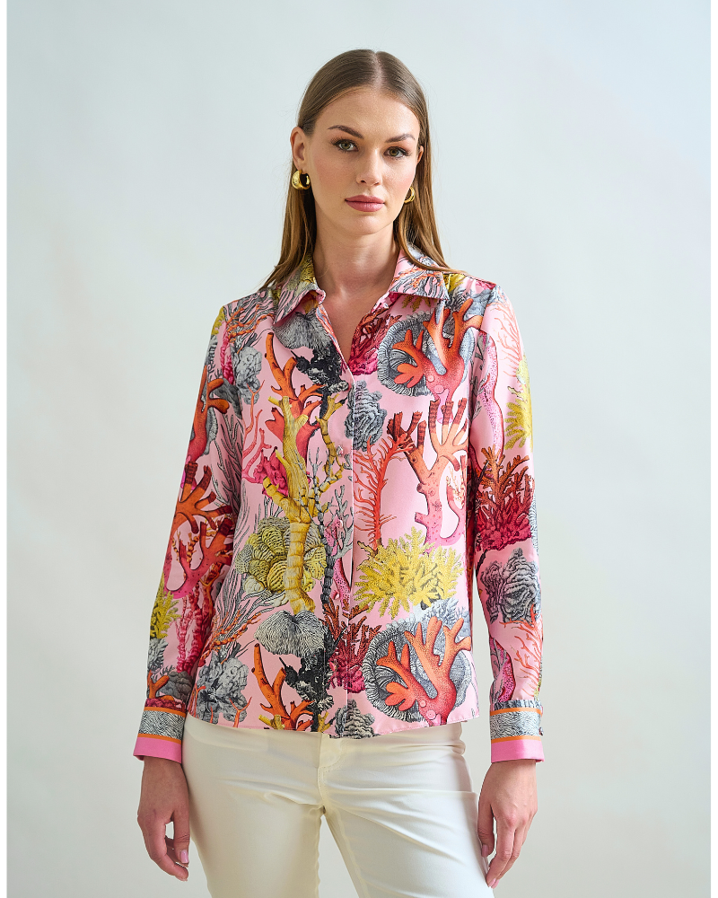 STRAIGHT-CUT SILK SHIRT WITH REGULAR COLLAR: CORAL: PINK