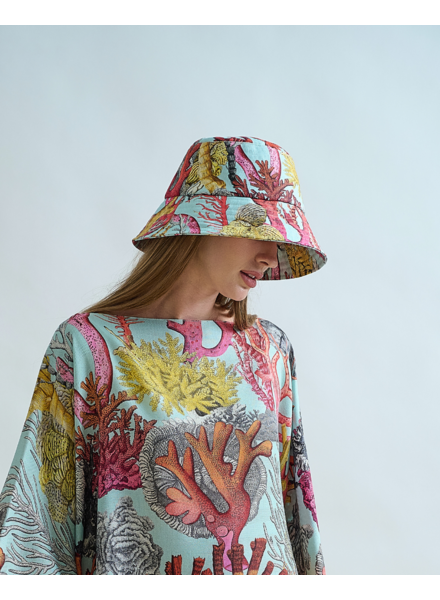 PRINTED LINEN HAT: CORAL: TURQUOISE
