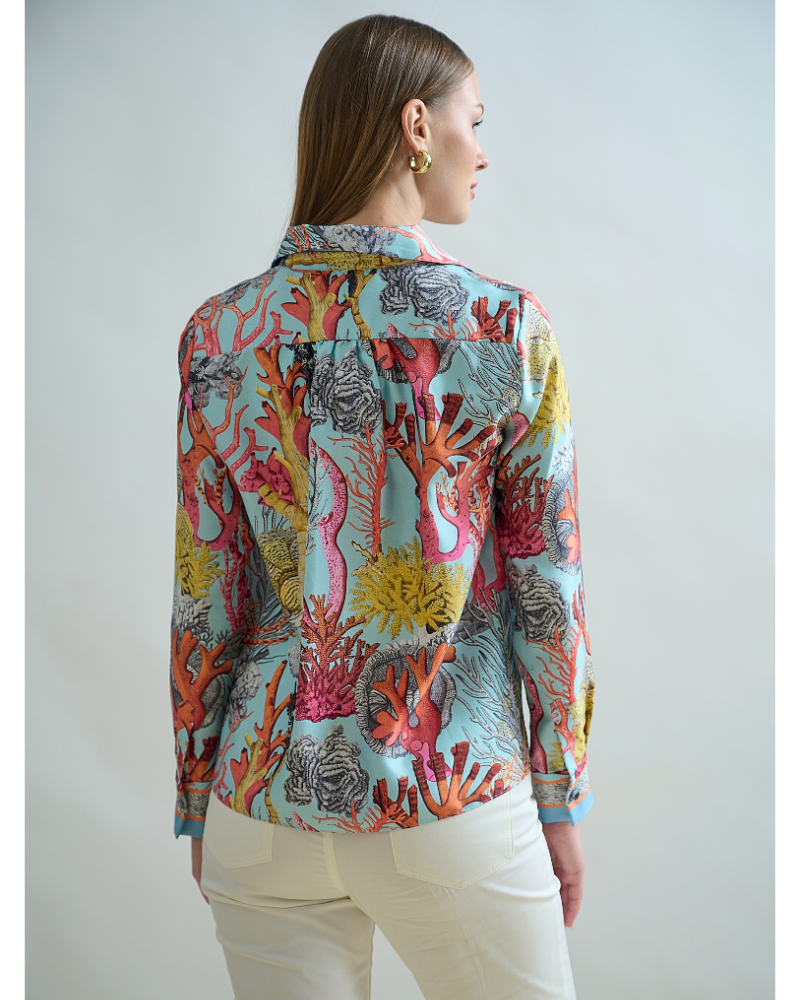STRAIGHT-CUT SILK SHIRT WITH REGULAR COLLAR: CORAL: TURQUOISE