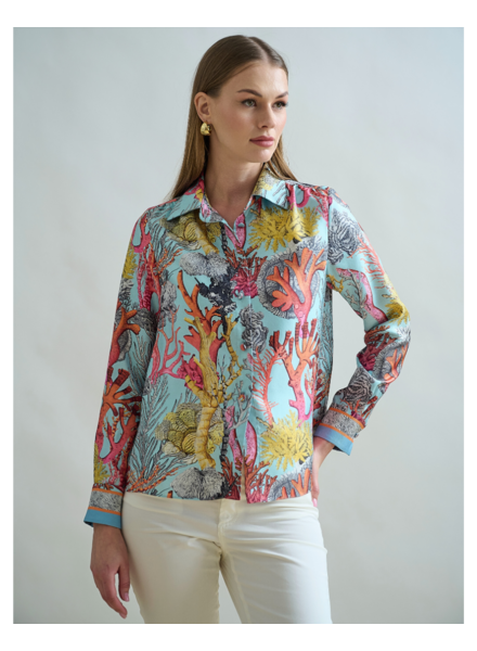 STRAIGHT-CUT SILK SHIRT: CORAL: TURQUOISE