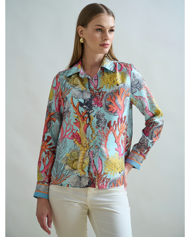 STRAIGHT-CUT SILK SHIRT WITH REGULAR COLLAR: CORAL: TURQUOISE