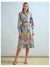 SILK SHIRT DRESS WITH BELT PRINT: CORAL: TURQUOISE