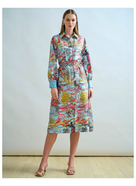 SILK SHIRT DRESS WITH BELT PRINT: CORAL: TURQUOISE