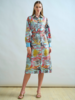 SILK SHIRT DRESS WITH BELT PRINT: CORAL: TURQUOISE
