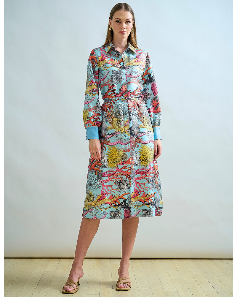 SILK SHIRT DRESS WITH BELT PRINT: CORAL: TURQUOISE