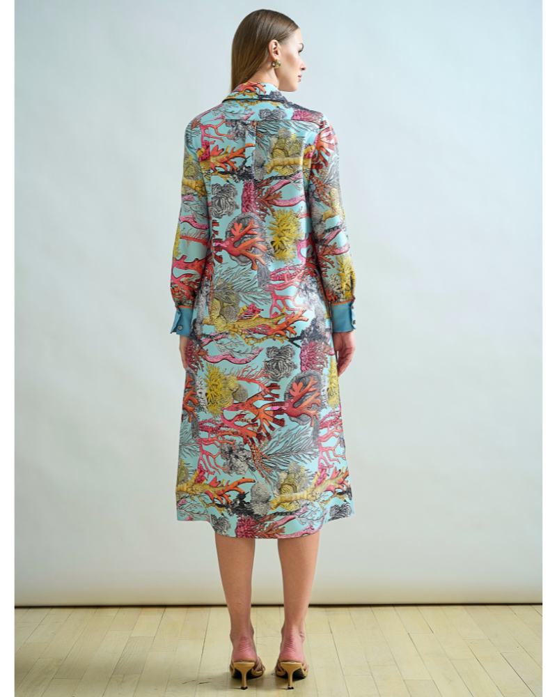 SILK SHIRT DRESS WITH BELT PRINT: CORAL: TURQUOISE