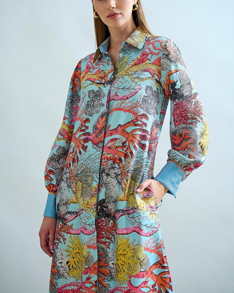 SILK SHIRT DRESS WITH BELT PRINT: CORAL: TURQUOISE