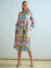SILK SHIRT DRESS WITH BELT PRINT: CORAL: TURQUOISE