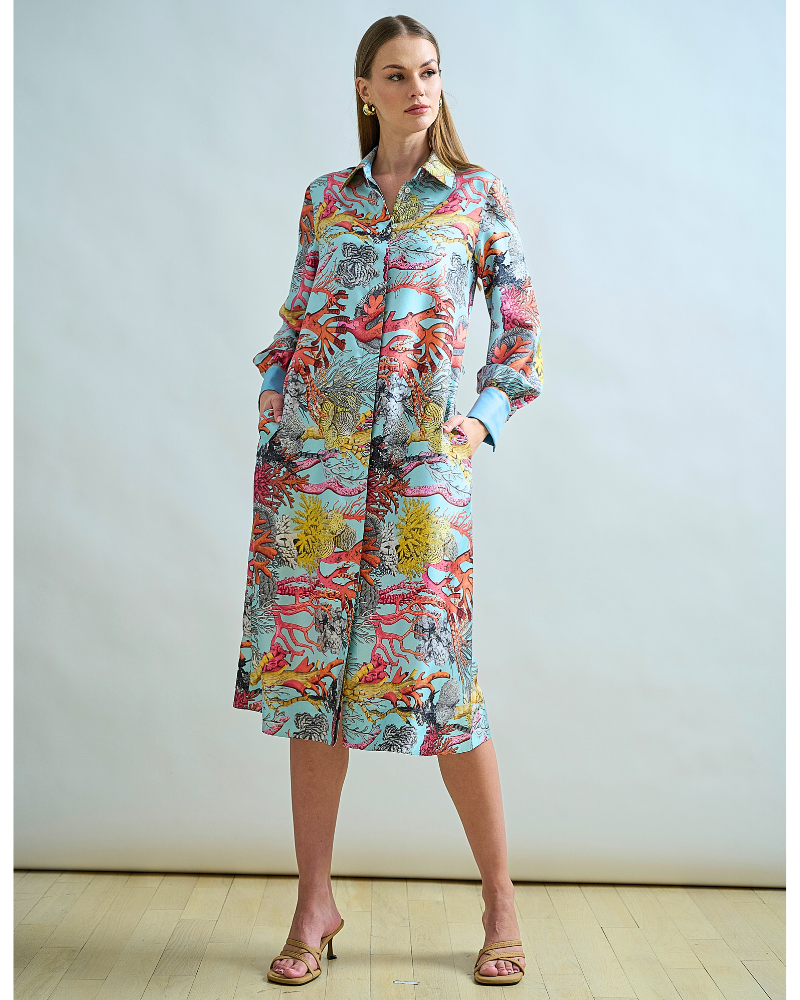 SILK SHIRT DRESS WITH BELT PRINT: CORAL: TURQUOISE