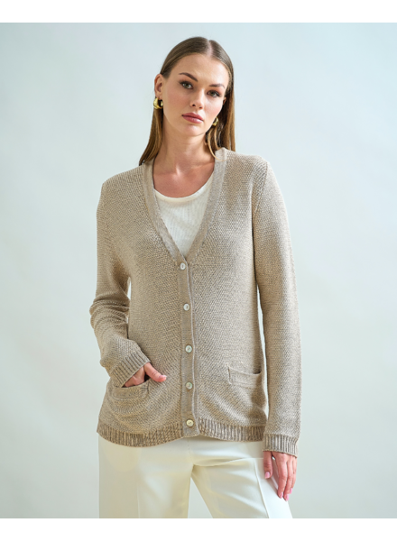 V NECK CARDIGAN: IVORY AND BEIGE