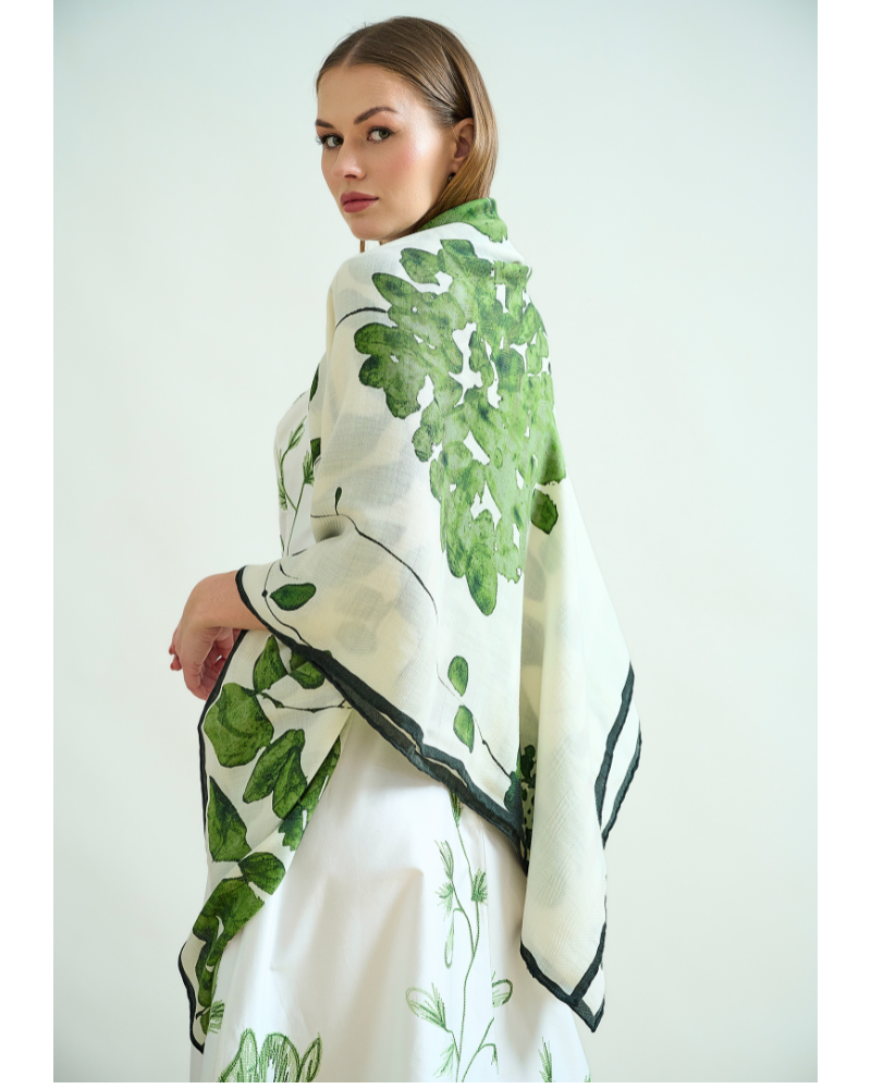 CASHMERE PRINTED SCARF: ORTENSIA: GREEN