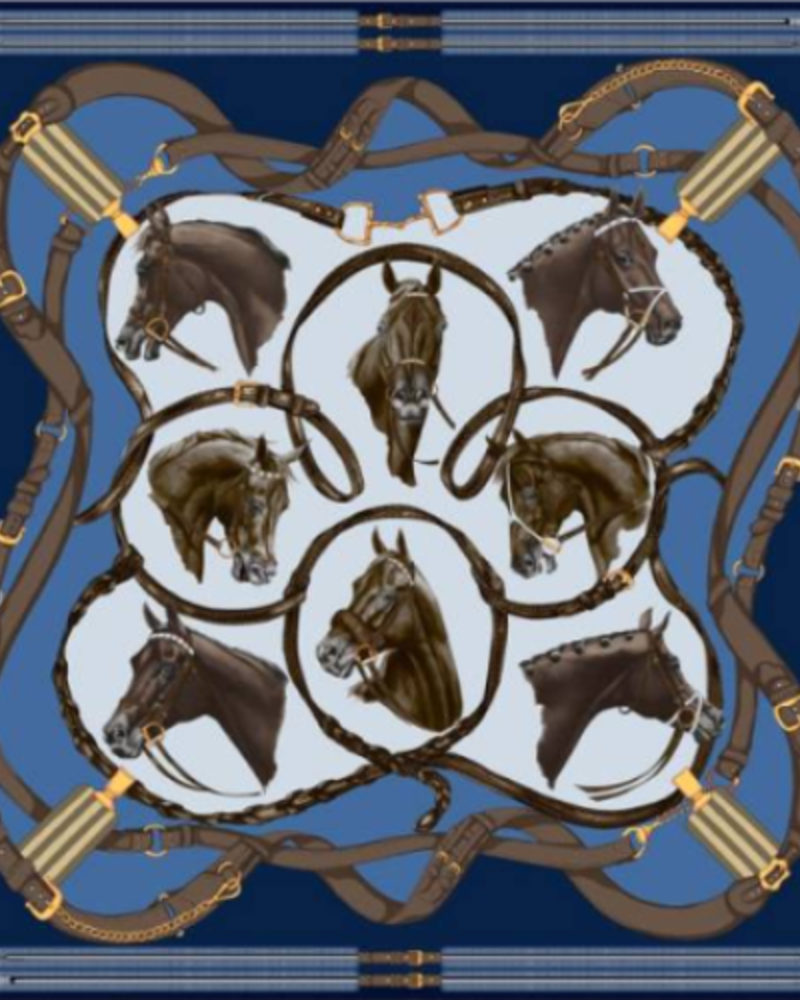 PRINTED CASHMERE SCARF: HORSES: BLUE