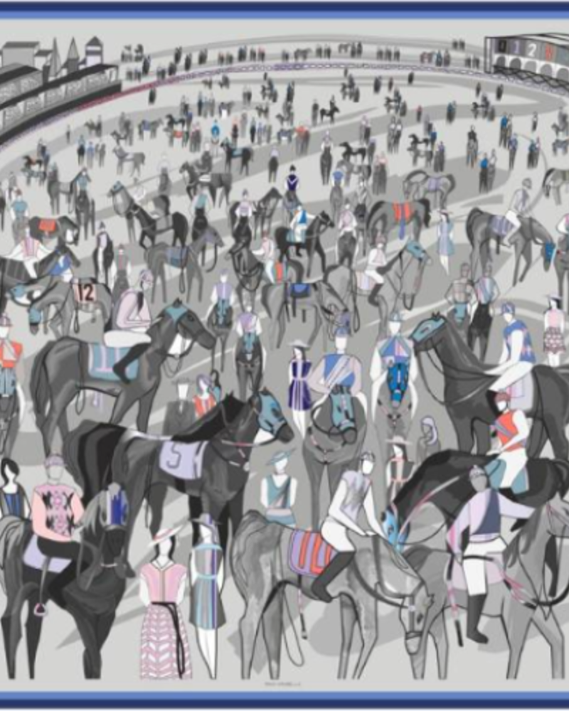 PRINTED CASHMERE SCARF: AFTER THE RACE: BLUE