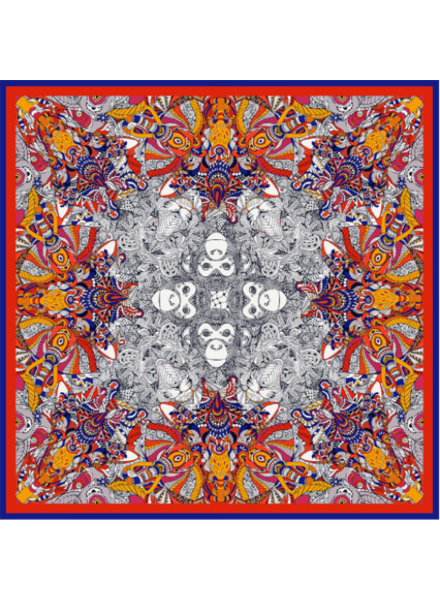 PRINTED CASHMERE SCARF: MONKEY-ELEPHANT-LION: RED