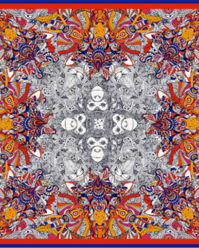 PRINTED CASHMERE SCARF: MONKEY-ELEPHANT-LION: RED