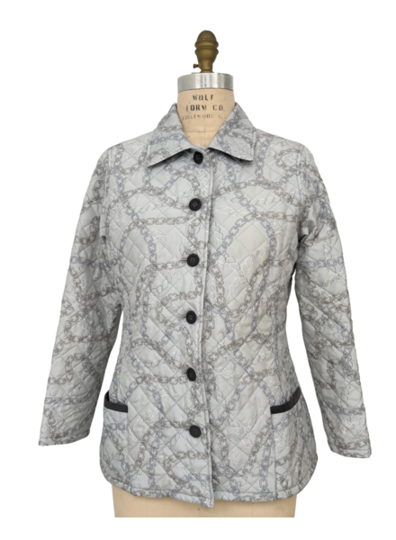 SILK PRINTED QUILTED JACKET WITH ZIP: DEVON: SILVER