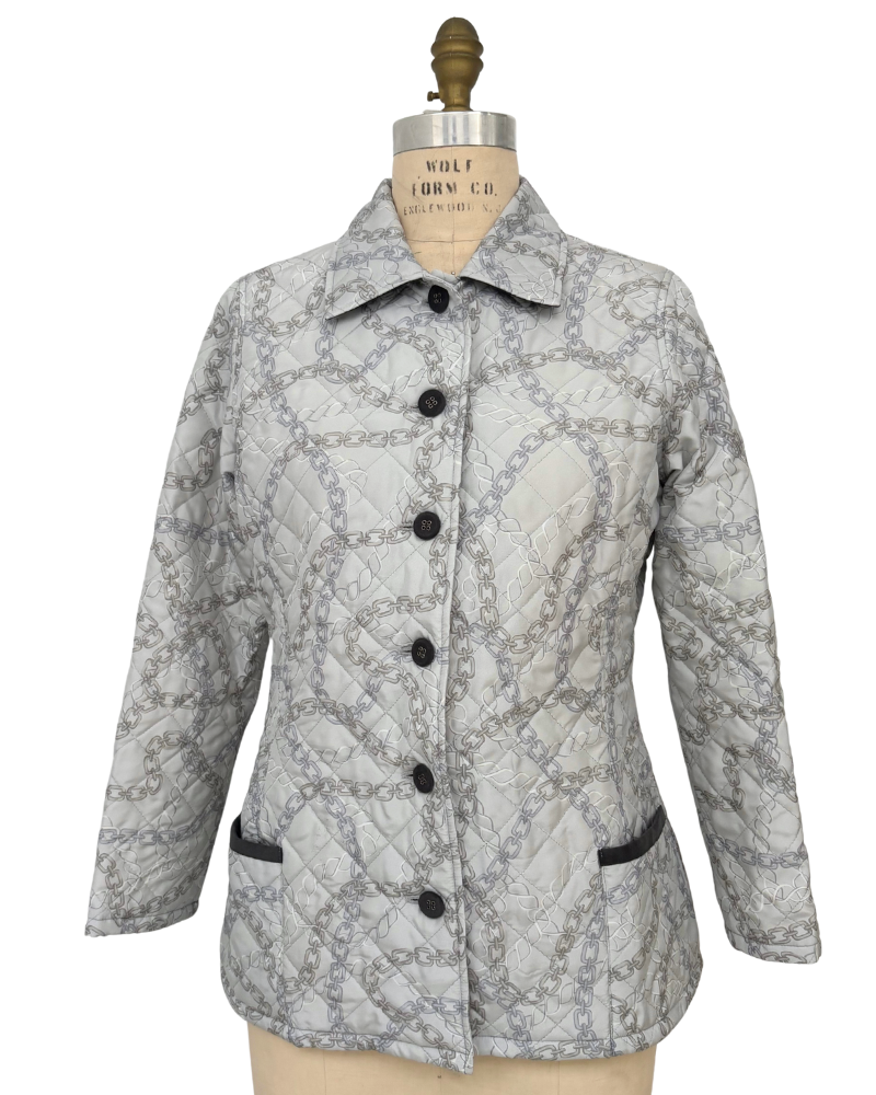 SILK PRINTED QUILTED JACKET WITH ZIP: DEVON: SILVER