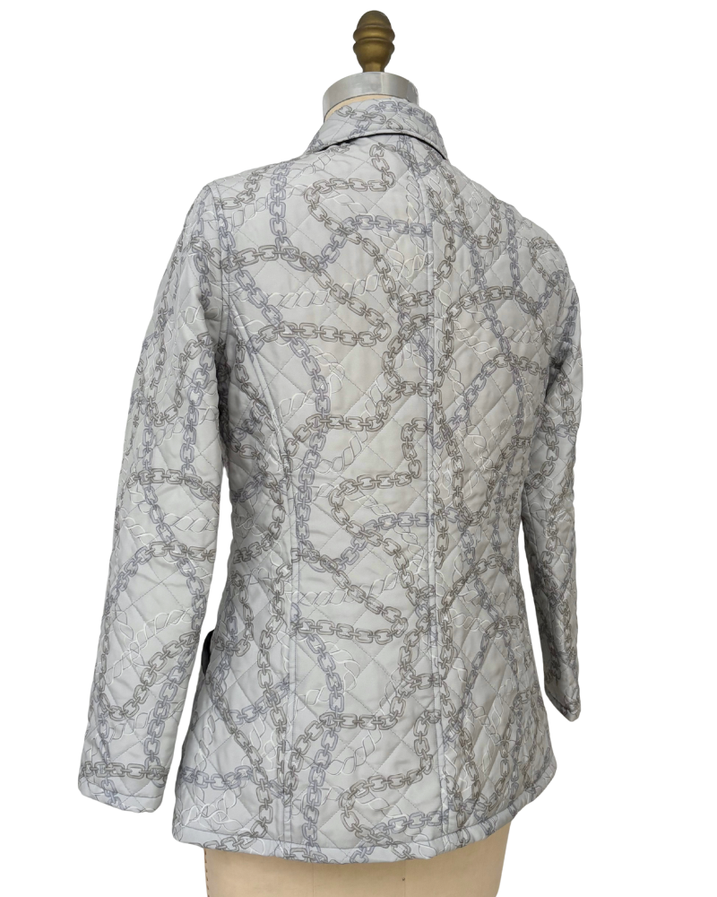 SILK PRINTED QUILTED JACKET WITH ZIP: DEVON: SILVER