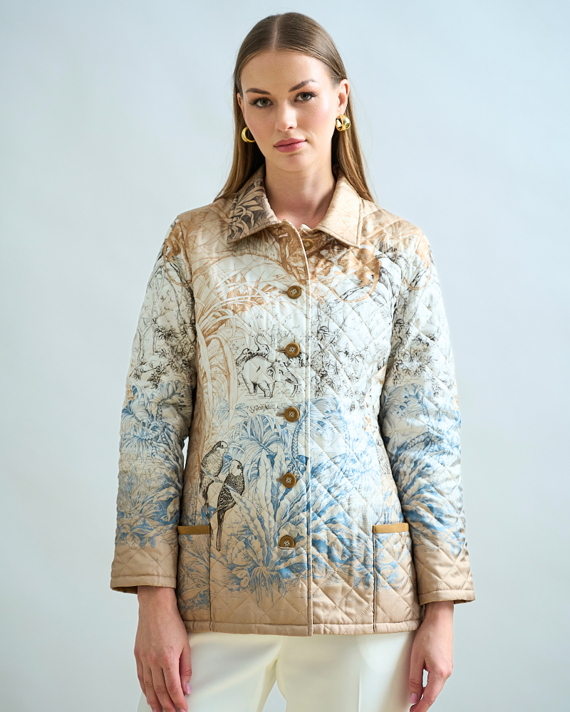 SILK PRINTED QUILTED JACKET: SAFARI: BEIGE